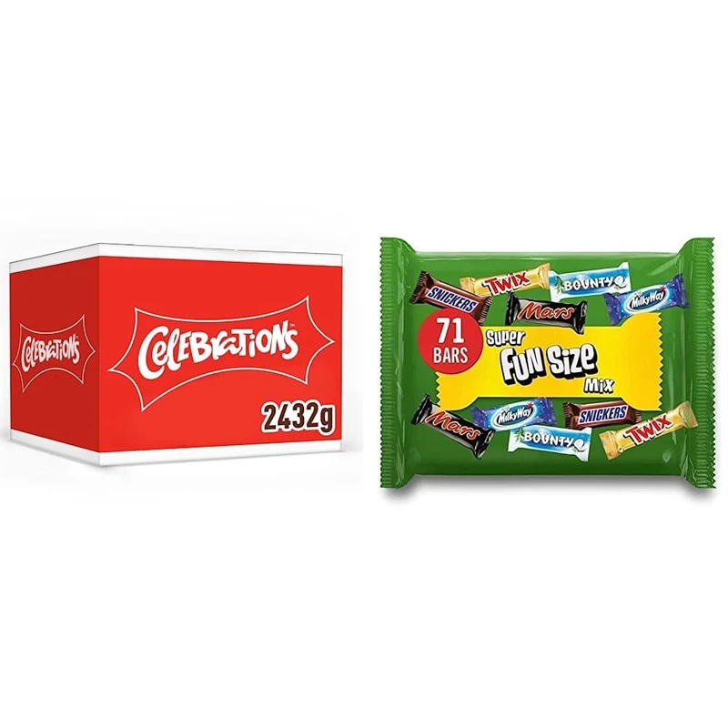 Celebrations Chocolate Bulk Box, Chocolate Gift, 2.4kg & Mars, Snickers, Twix & More Assorted Fun Size Chocolate Bars, Chocolate Gift, 71 Bars, 1.4kg
