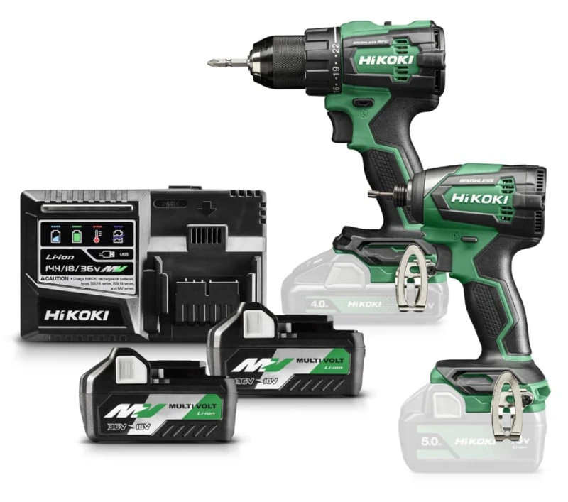 HIKOKI KC18DEWAZ Cordless Combo Kit (1 Cordless Drill DS18DE, Max. Fixed Torque (Hard): 140 Nm, 1 Battery Impact Wrench 1/4 Inch WH18DE, Max. Fixed Torque: 175 Nm, 18 V, Brushless)