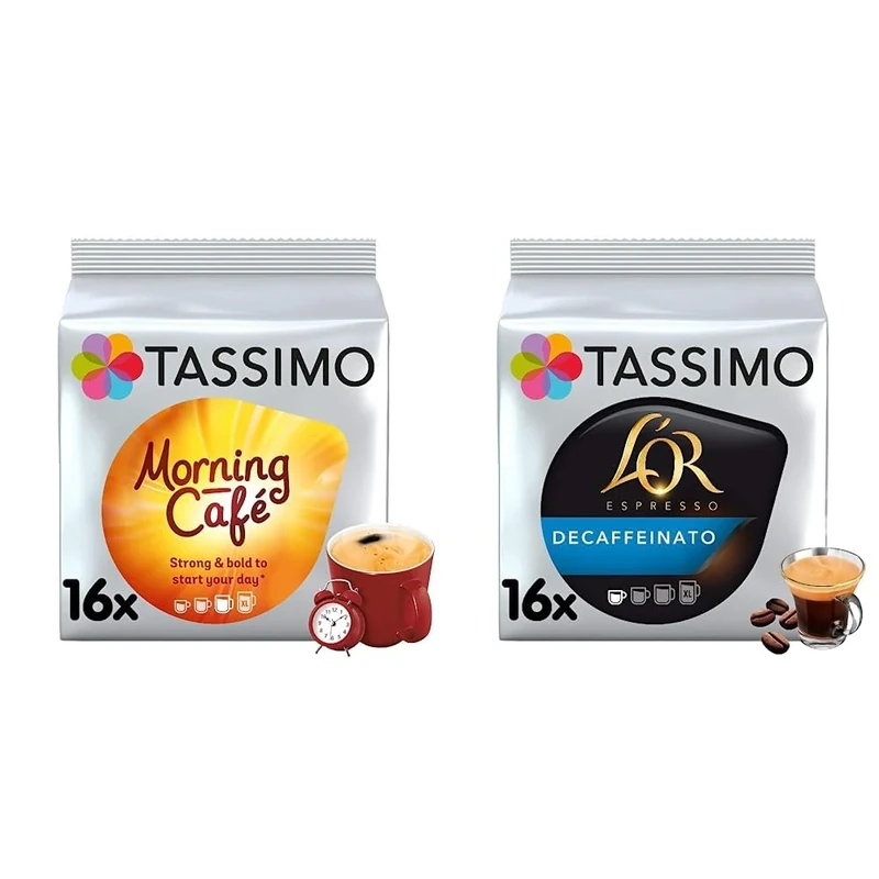 Tassimo Morning Café Coffee Pods x16 (Pack of 5, Total 80 Drinks) & L'OR Espresso Decaffeinato Coffee Pods x16 (Pack of 5, Total 80 Drinks)