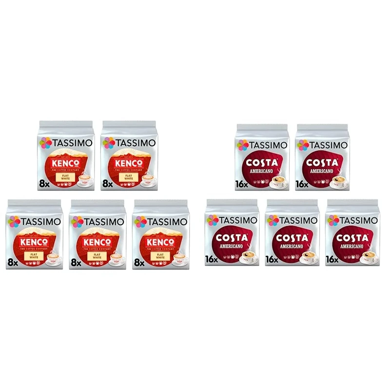 TASSI KC FLAT WHITE & Costa Americano Coffee Pods x16 (Pack of 5, Total 80 Drinks)