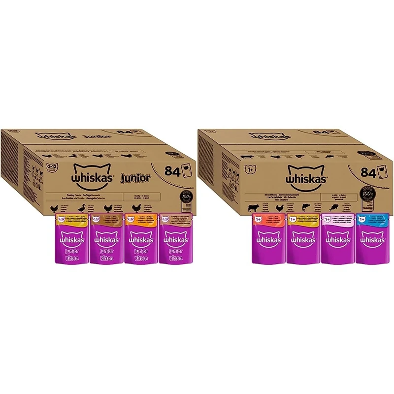 Whiskas Junior Poultry Selection in Jelly 84 Pouches, Wet Kitten and Cat Food & 1 plus Adult Mixed Selection in Jelly 84 Pouches, Adult Wet Cat Food, Megapack (84 x 85 g)
