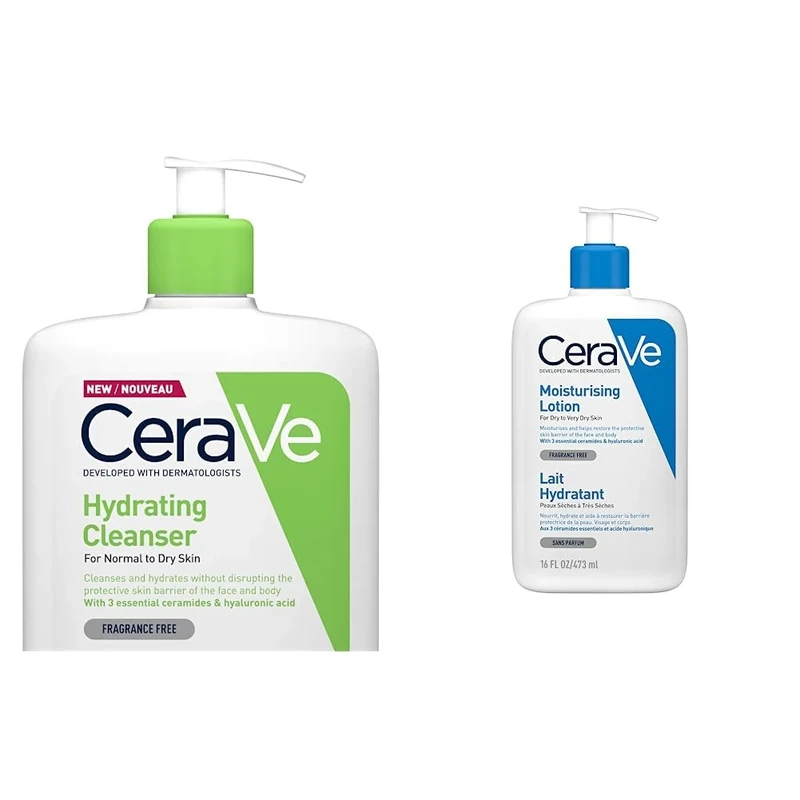 CeraVe Hydrating Cleanser for Normal to Dry Skin 1 Litre with Hyaluronic Acid & Moisturising Lotion for Dry to Very Dry Skin 473 ml with Hyaluronic Acid and 3 Essential Ceramides