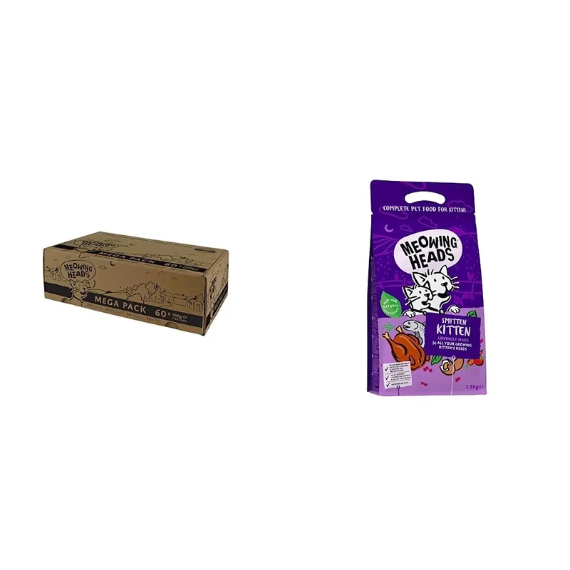 Meowing Heads Adult Cat Food Wet Pouches - Variety Pack (60x100g) & Dry Cat Food for Kittens - Smitten Kitten - 100% Natural Fish and Chicken 1.5 kg