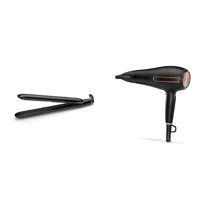 BaByliss Rose Lustre 230C Hair Straighteners, Ceramic Plates, Digital Settings 180°C - 230°C & Super Power 2400W Hair Dryer, Salon AC Professional Motor, Strong Fast Drying Airflow Black