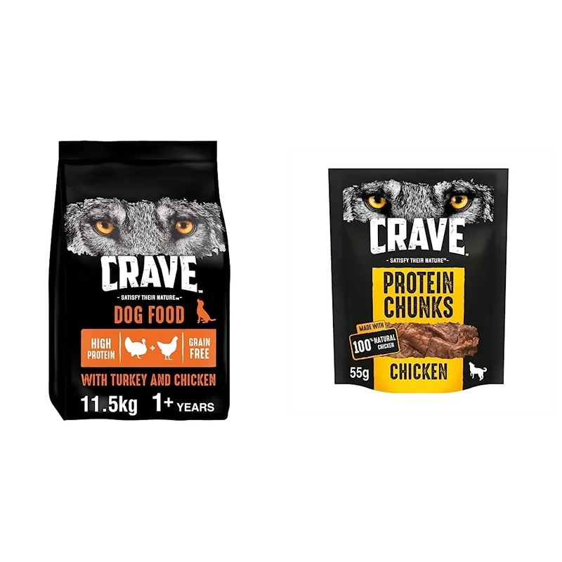 Crave Turkey and Chicken 11.5 kg Bag, Premium Adult Dry Dog Food with High Protein, Grain-free & Protein Chunks 6 x 55 g Snacks, Dog Treats Chicken with High Protein, Grain-free