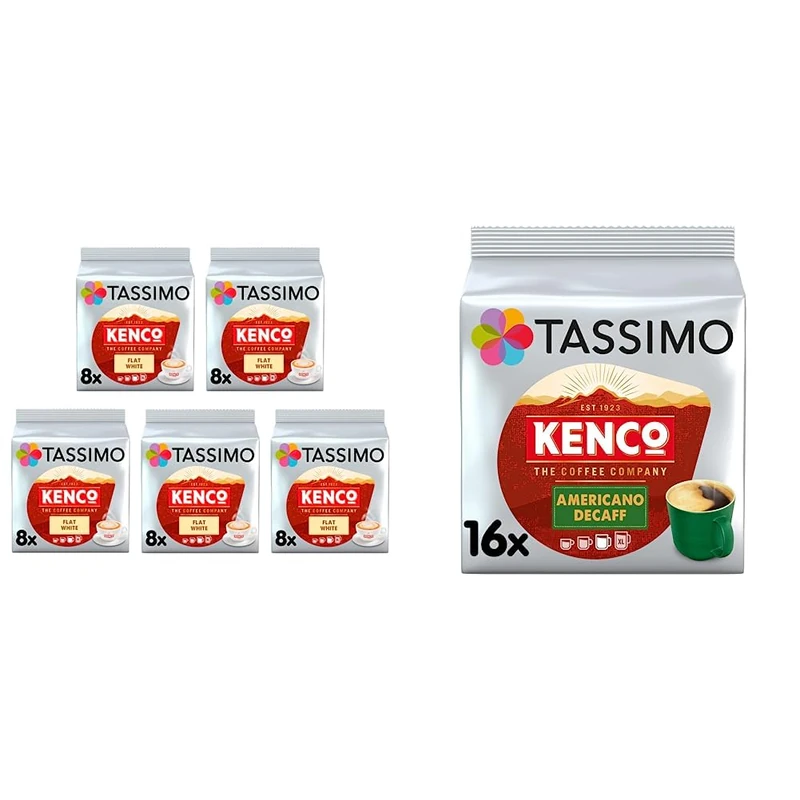 TASSI KC FLAT WHITE & Tassimo Kenco Americano Decaf Coffee Pods (Pack of 5, Total 80 Coffee Capsules)