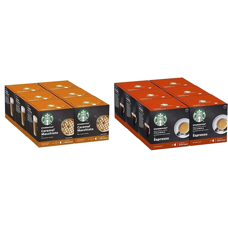 STARBUCKS Caramel Macchiato by Nescafé Dolce Gusto Coffee Pods 6 x 12 (72 Capsules, 36 Servings) & Single-Origin Colombia by Nescafé Dolce Gusto, Medium Roast, Coffee Pods 6 x 12 (72 Capsules)