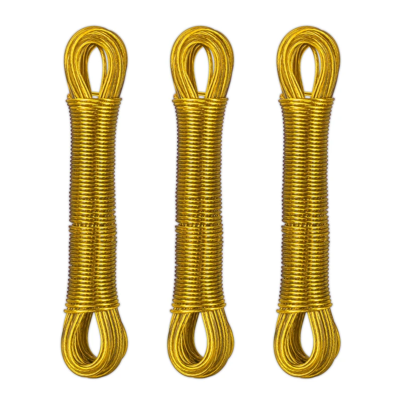 Relaxdays Set of 3 Washing Lines, 20 m Long, Laundry Cord with Steel Core, PVC, Extra Strong, Indoors & Outdoors, Yellow
