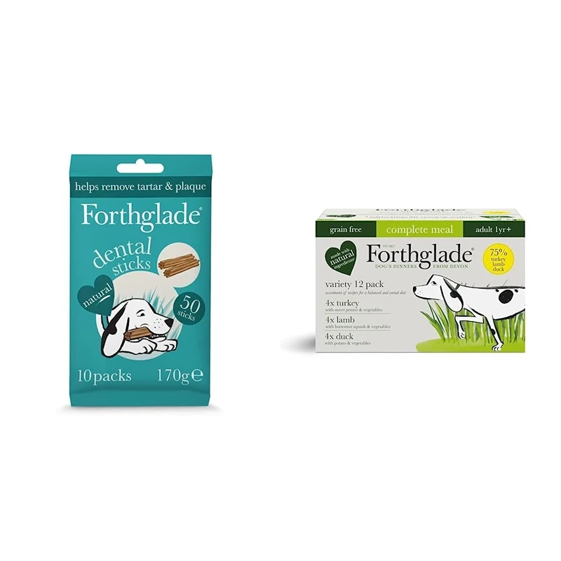 Forthglade Dog Dental Sticks, Colour, 50 Sticks & Complete Natural Wet Dog Food - Grain Free with vegetables Variety Pack (12 x 395g) Trays - Turkey, Lamb & Duck - Adult Dog Food 1 Year+