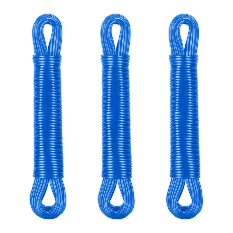 Relaxdays Set of 3 Washing Lines, 20 m, Laundry Cord with Polyester Core, PVC, Extra Strong, Indoors & Outdoors, Blue