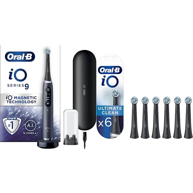Oral-B iO9 Electric Toothbrush with Revolutionary Magnetic Technology, App Connected Handle, Black & iO Ultimate Clean Electric Toothbrush Head, Twisted & Angled Bristles, Pack of 6, Black