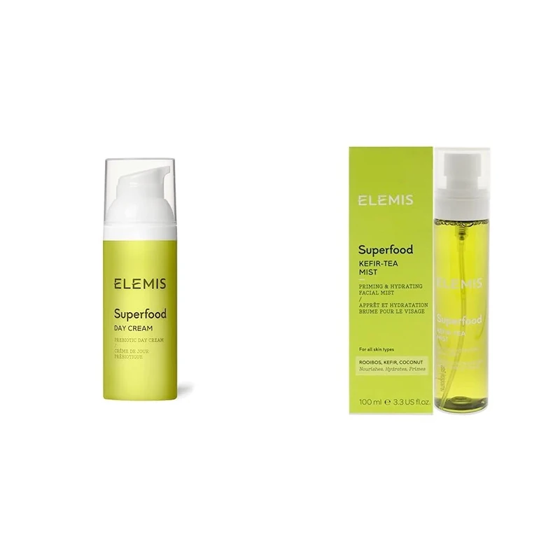 ELEMIS Superfood Day Cream Pre-Biotic Day Cream to Replenish, Moisturise and Protect & Superfood Kefir Tea Mist, 4-In-1 Face Mist to Nourish, Hydrate and Prime, Facial Mist 100ml