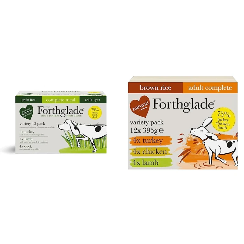 Forthglade Complete Natural Wet Dog Food - Grain Free with vegetables Variety Pack (12 x 395g) Trays & Complete Natural Wet Dog Food - Brown Rice & Vegetables Variety Pack (12 x 395 g) Trays