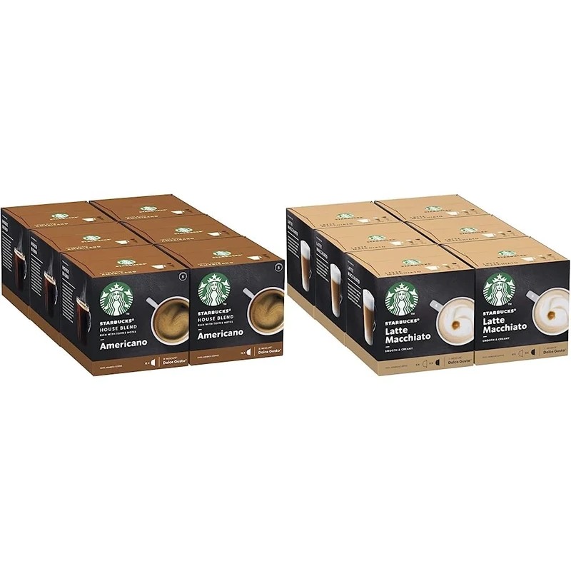 STARBUCKS House Blend by Nescafé Dolce Gusto, Medium Roast, Coffee Pods 6 x 12 (72 Capsules) & Latte Macchiato by Nescafé Dolce Gusto Coffee Pods 6 x 12 (72 Capsules, 36 Servings)