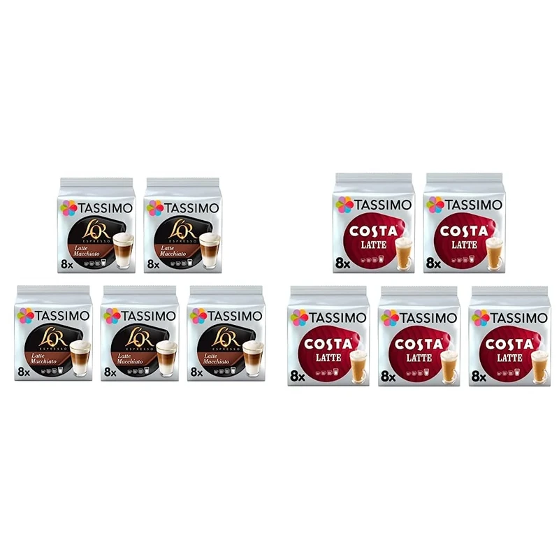 Tassimo L'OR Latte Macchiato Coffee Pods x8 (Pack of 5, Total 40 Drinks) & Costa Latte Coffee Pods x8 (Pack of 5, Total 40 Drinks)