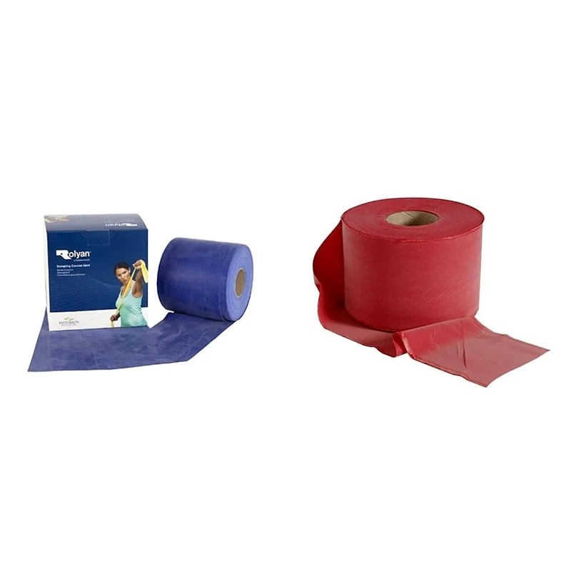 Rolyan Energising Exercise Bands Latex Free, 50m, Blue Extra Heavy, Elastic Band For Upper Body & Energising Exercise Bands Latex Free, 50m, Red Medium, Elastic Band For Upper Body