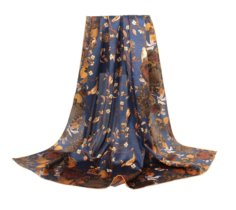 ANDANTINO 100% Pure Mulberry Silk Scarf 43" Large Square Lightweight Headscarf& Shawl–Women Hair Wraps-With Gift Packed, Blue-flower&birds, Large