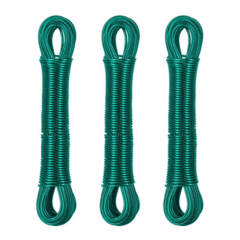Relaxdays Set of 3 Washing Lines, 20 m Long, Laundry Cord with Steel Core, PVC, Extra Strong, Indoors & Outdoors, Green