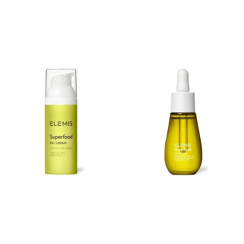 ELEMIS Superfood Day Cream Pre-Biotic Day Cream to Replenish, Moisturise and Protect & Superfood Facial Oil, Nourishing Face Oil Formulated with 9 Antioxidant-Rich Superfoods, 15ml