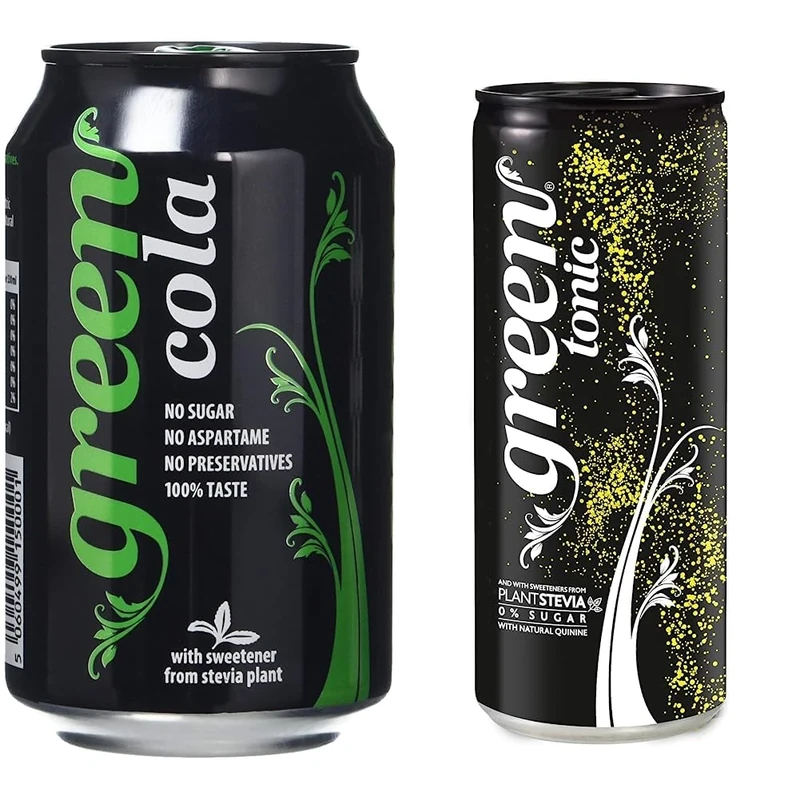 Green Cola Cans 24 Pack, No Sugar Soft Drink, 0 Calories, No Aspartame, Natural Caffeine, 100% Taste & Tonic Water Cans 24 Pack, Sli mline Tonic, No Sugar, No Calories, Bulk Pack of 24 Cans x 330 ml