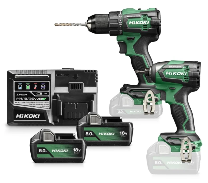HIKOKI Akku-Combo-Kit, KC18WCZ (1 Akku Schlagschrauber 1/4" WH18DE, Max. Festdrehmoment 175 Nm, 1 Akku Schlagbohrschrauber DV18DE, Max. Festdrehmom. hart: 70 Nm, 18V, Brushless)