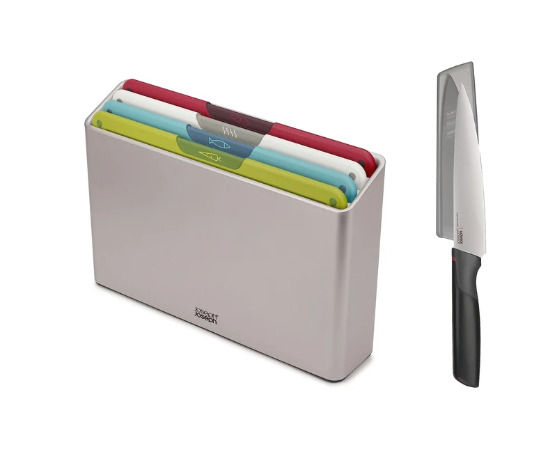 Joseph Joseph Folio Icon, 4-Piece Colour coded Chopping Board Set, Slimline Case for Organised Kitchen Storage with Chef's Knife- Regular, White