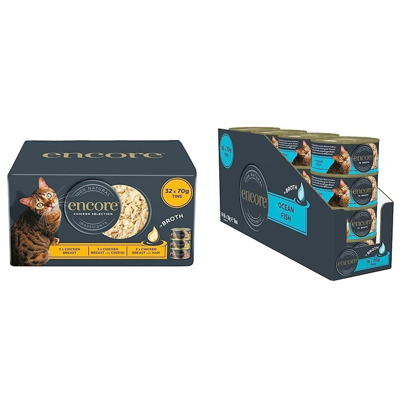 Encore 100% Natural Wet Cat Food Multipack Chicken Selection in Broth (Pack of 32 x 70g Tins) & 100% Natural Cat Food, Ocean Fish In Broth Tin 70 g (Pack of 16)