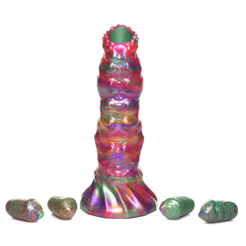 CREATURE COCKS Larva Silicone Ovipositor Dildo w/Eggs for Men, Women & Couples. Textured Tunnel for Eggs. Fantasy Alien-Themed Dildo. Suction Base & Harness Compatible. 5 Piece Set, Multi-Colored.
