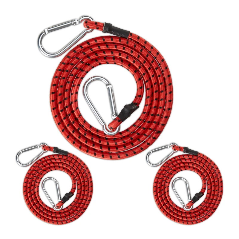 Relaxdays Bungee Rubber, with Carabiner, Tensioning Cord, Set of 3, Car, Boot, Trailer, Camping, Red, 40% Plastic 20% Iron, 175 x 3.5 x 2 cm