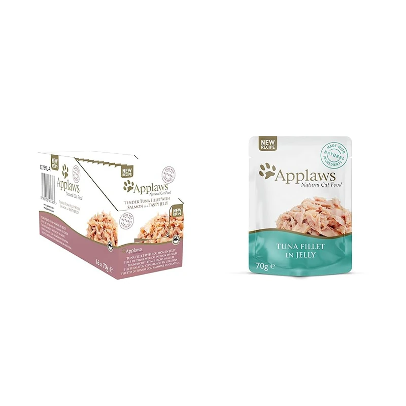 Applaws Natural Wet Cat Food, Tuna with Salmon in Jelly 70 g Pouch (Pack of 16) & Natural Wet Cat Food Tuna in Jelly Pouch for Adults Cats 16x 70g Pouches