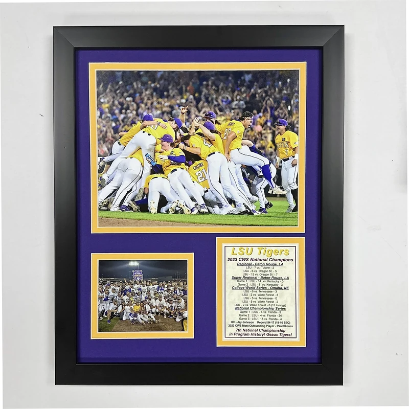 Legends Never Die, Inc. LSU Tigers Baseball | 2023 MCWS National Champions | Framed Photo Collage | 2 Sizes and Styles | (12" x 15")