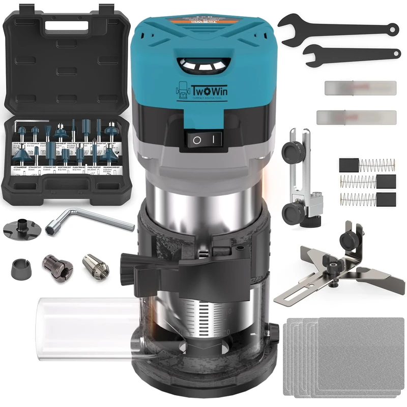 TWOWIN Router Tool, 6.5 Amp 1.25 HP Hand held Wood Router Tool, Compact Palm Trim Router for Woodworking, 6 Variable Speeds Fixed Base Laminate Router Woodworking Tool with Dust Hood 15PCS Router Bits