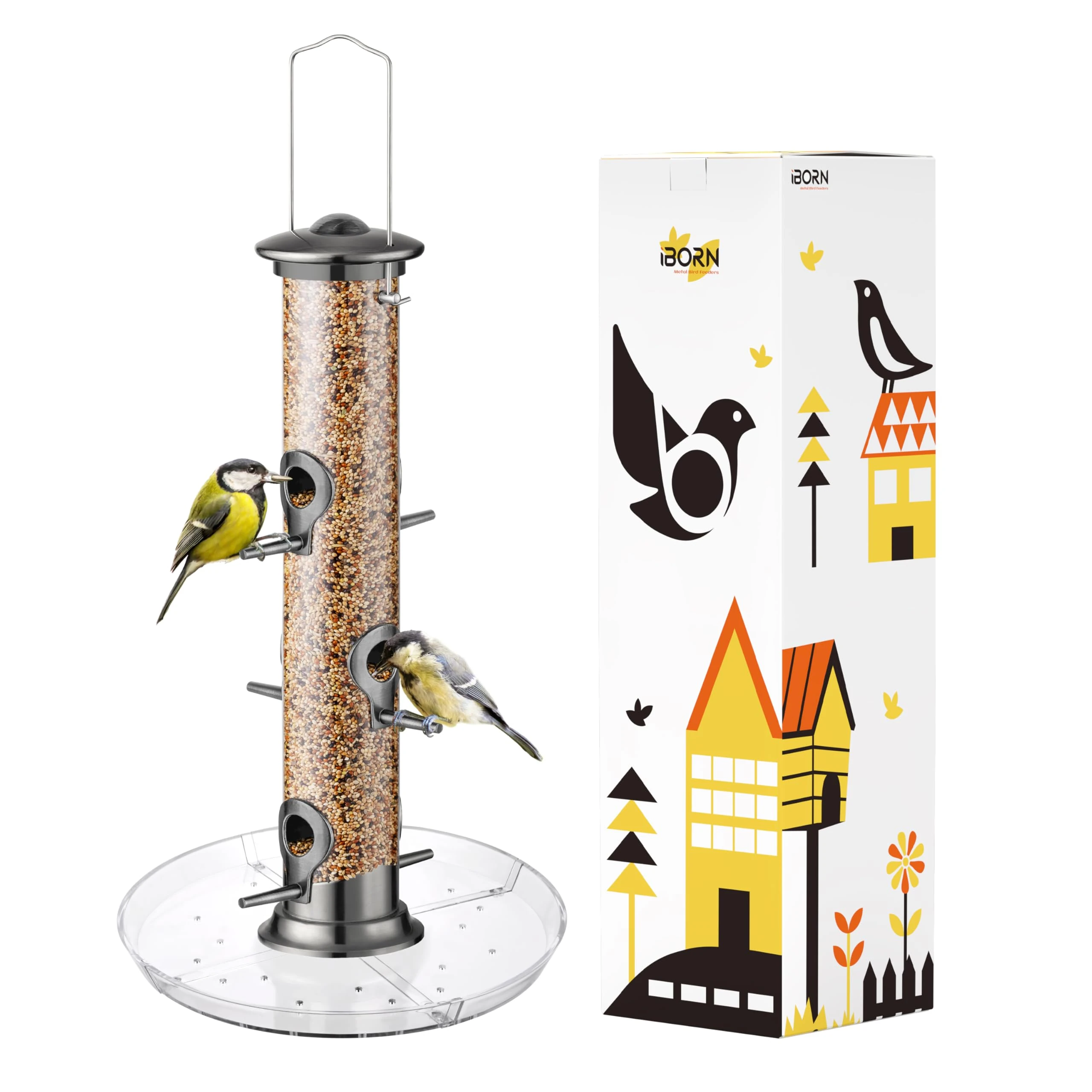 iBorn Bird Feeders Seed Catcher for Outside Hanging 6 Port Bird Feeder for Cardinal Birds Aluminium Metal,Brushed Black Nickel Finishing 14 Inch 6 Port (Seed is not Included)