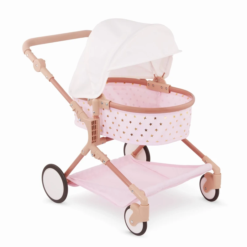LullaBaby – 14-Inch Accessories – Pink Toy Stroller With Gold Stars for Twins – Foldable Canopy, Swivel Wheels & Storage Basket – Pretend Play 2+ Years