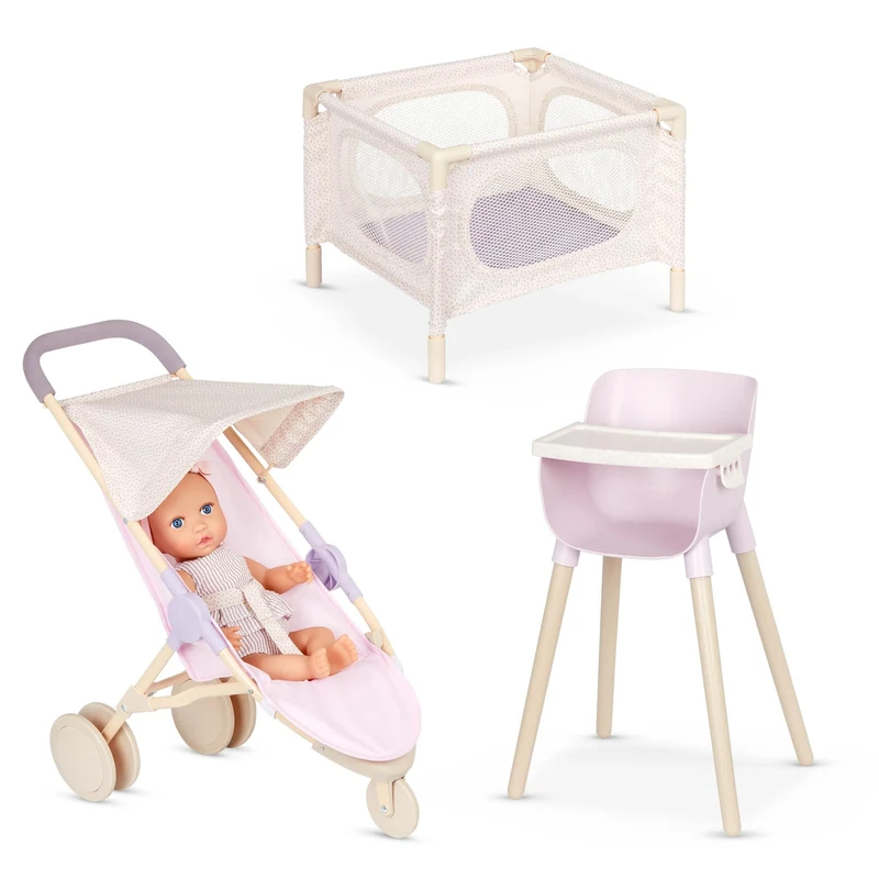 LullaBaby – 14-Inch Realistic Baby Doll & Accessory Bundle – Fair Skin Tone & Blue Eyes – Nursery Care Set – High Chair, Playpen & Jogger Stroller – Pretend Play Toys – Kids 2+ Years
