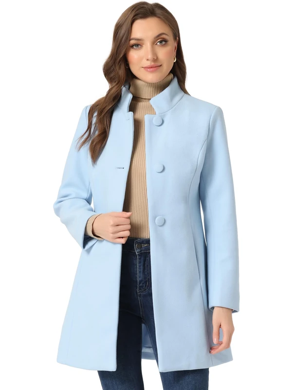 Allegra K Women's Winter Overcoat Mid-Long Stand Collar Single Breasted Coat Outerwear, Light Blue, M