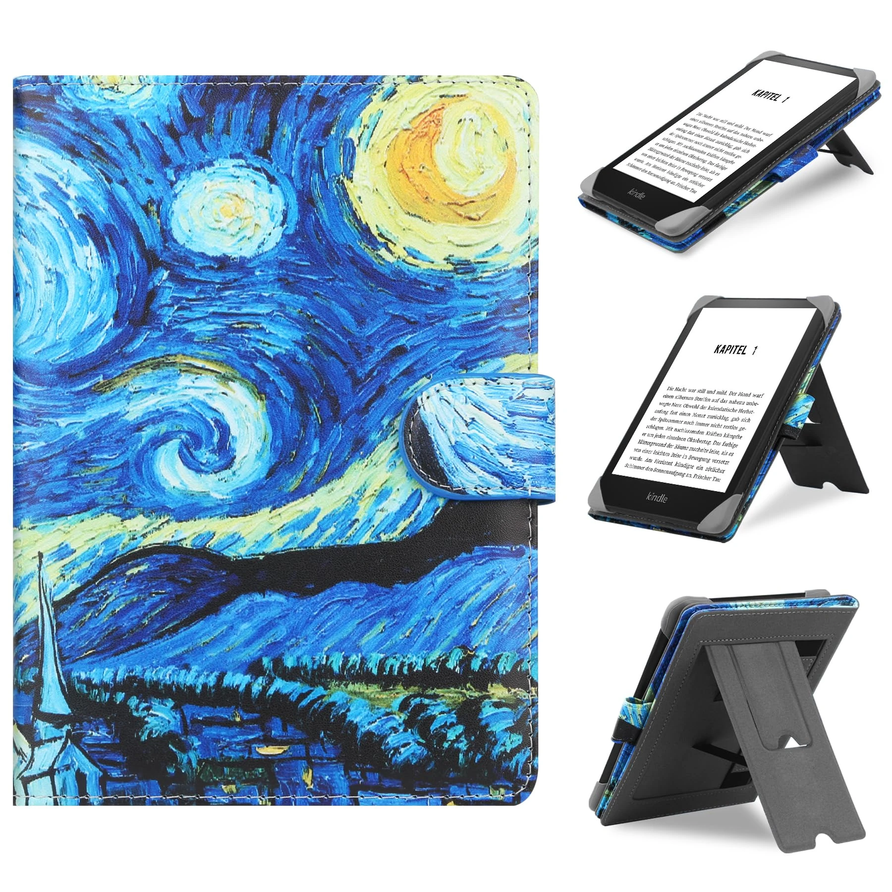 HoYiXi Universal Case Compatible with 6”-6.8” Kobo/PocketBook/Tolino/Sony E-Book eReader Kindle Paperwhite/Kobo Clara HD/Kobo Clara 2E Leather Stand Cover for 6-6.8'' E-Book, starry night