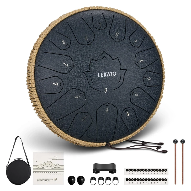 LEKATO 15 Notes 13 Inch C-Key Handpan Tongue Drum, Steel Drum Percussion Instrument for Healing Meditation Education, Hank Tank Drum Gifts Kit for Beginner Advanced Playing - Navy Blue