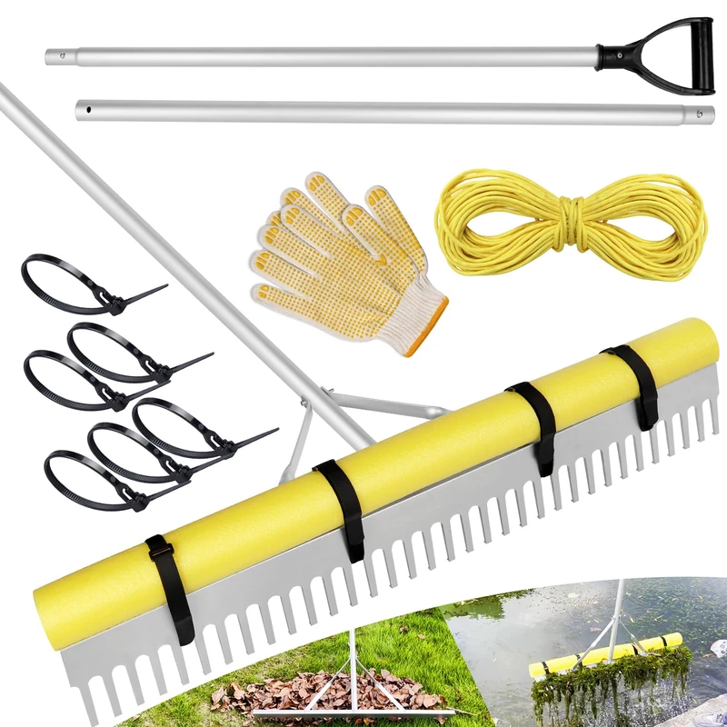 VASALAID 36" Aluminium Lake Rake with 11' Adjustable Aluminium Handle, Silver, 50' Rope, Float, Effortless Pond & Lake Weed Cleaning