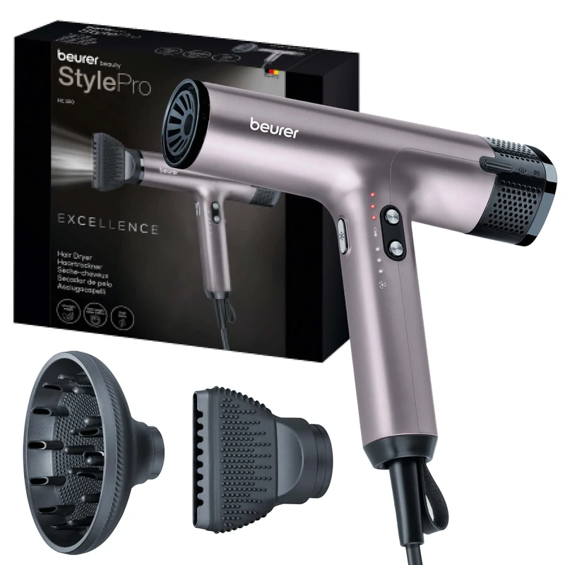 Beurer HC100 Excellence Hair Dryer, Powerful Brushless Motor, Ultra Light Weight with Integrated Ionic Function for Smooth Hair, incl. Styling Nozzle & Diffuser