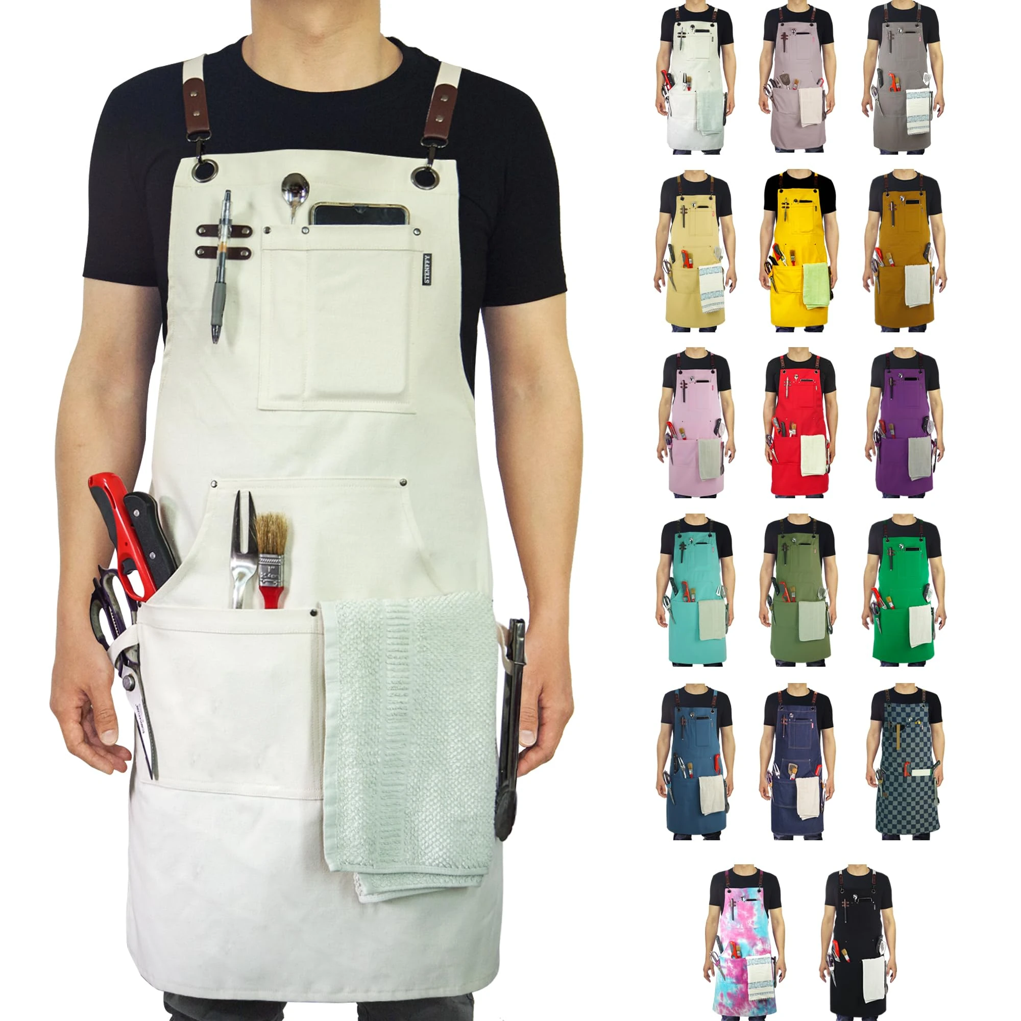 Stenffy Kitchen Apron, Work Apron, Canvas, Multiple Pockets, Gardening, Painting, BBQ, Carpenter, Sizes M to XXL, White
