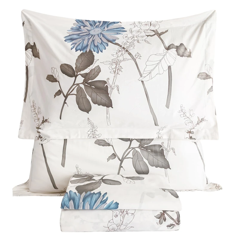 QSH 100% Cotton Sheets for King Size Bed, White Floral Plant Pattern Botanical Luxury Cotton Printed Floral Bedding King Size Sheet with Deep Pockets 17" Soft and Breathable 4pcs