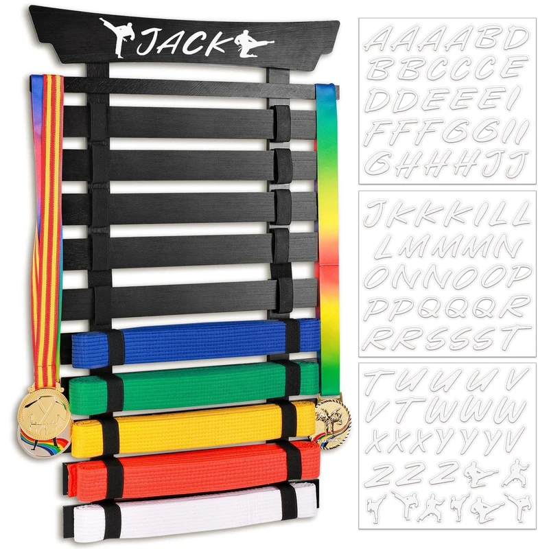 Winartton 10 Belts Karate Belt Display Rack with Stickers, Taekwondo Belt Display Holder, Martial Arts Belt Display, No Assembly Required, BJJ Hanging Holder for Adult