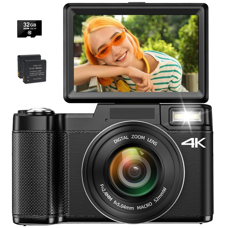 Toiauaha 4K Digital Camera for Photography, 30MP Vlogging Camera with 16X Digital Zoom, 3''180°Flip Screen, Black