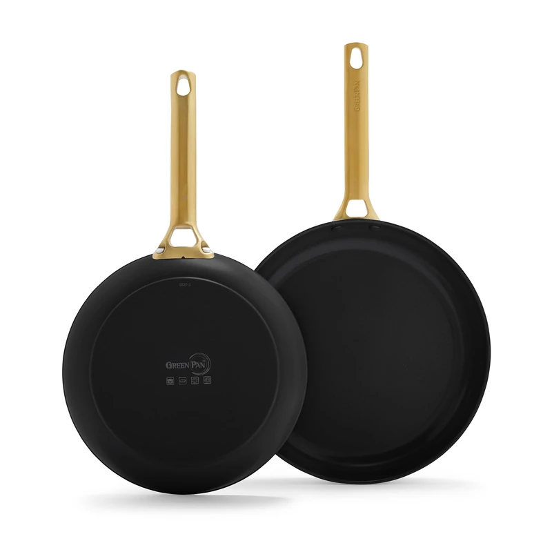 Greenpan Reserve Hard Anodized Healthy Ceramic Nonstick 2-Piece Frying Pan Skillet Set, 20 cm and 28 cm, Induction Suitable, Gold Handle, PFAS-Free, Oven Safe, Black