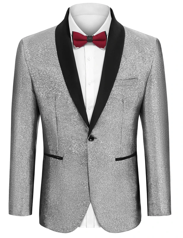 COOFANDY Men's Tuxedo Jacket Slim Fit Shawl Lapel Blazer One Button Suit Jackets for Party Prom Wedding Dinner, Shiny Silver, S