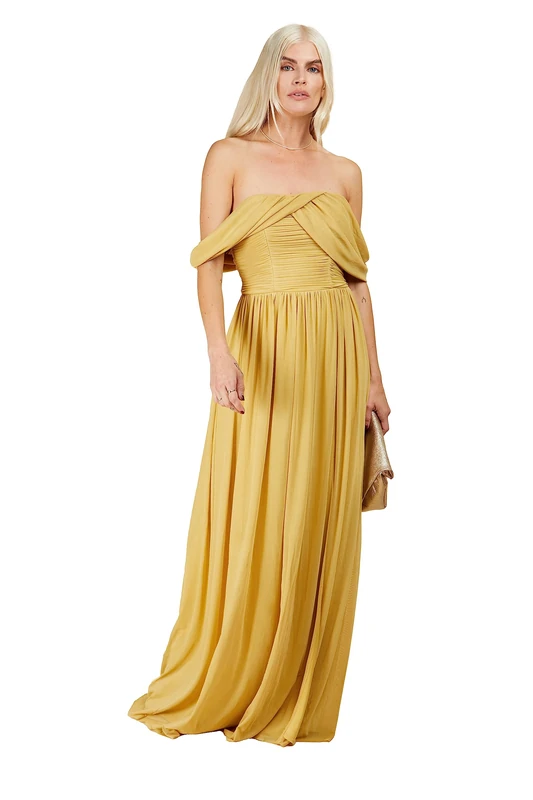 Little Mistress Women's Bardot Maxi Bridesmaid Dress, Yellow Stone, 6