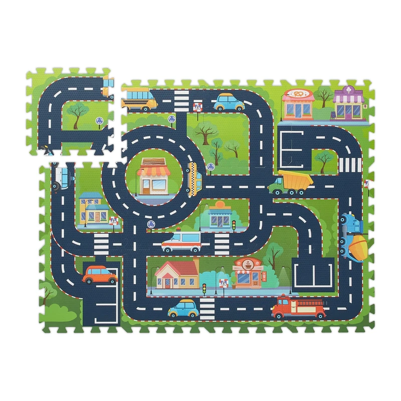 Relaxdays Puzzle Mat City Map, 12-Piece Play Carpet for Children, Pollutant-Free, Foam, HxW: 114x86 cm, Multicoloured
