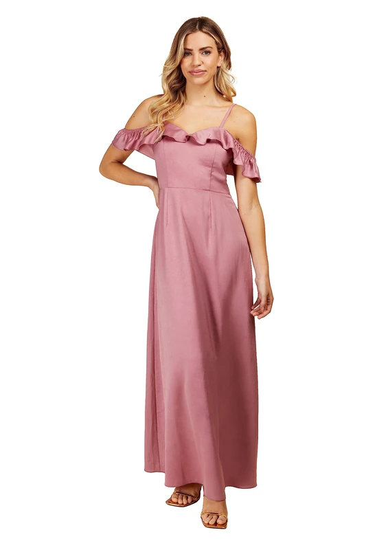 Little Mistress Rose Quartz Frill Cold-Shoulder Maxi Dress, 12 - Image 1