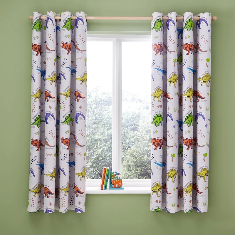 Catherine Lansfield Prehistoric Dinosaurs 66x72 Inch Fully Reversible Two Curtain Panels Natural/Blue